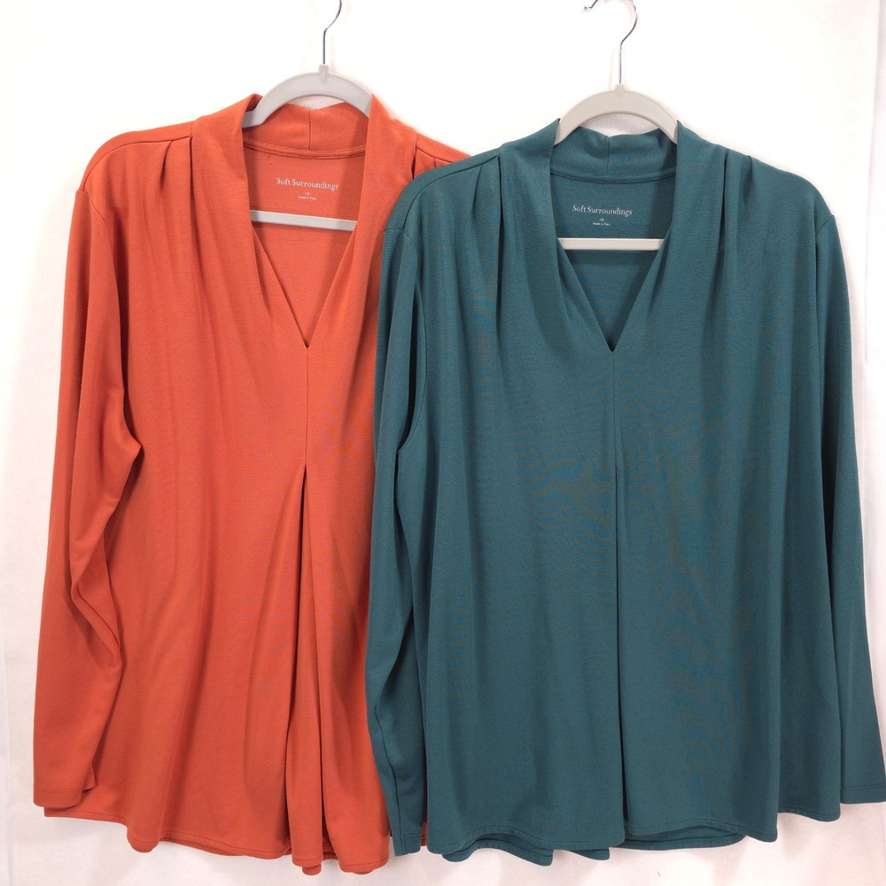 Soft Surroundings Tunic V-Neck Pleated Set of 2 Orange Teal Women 1X Minimalist